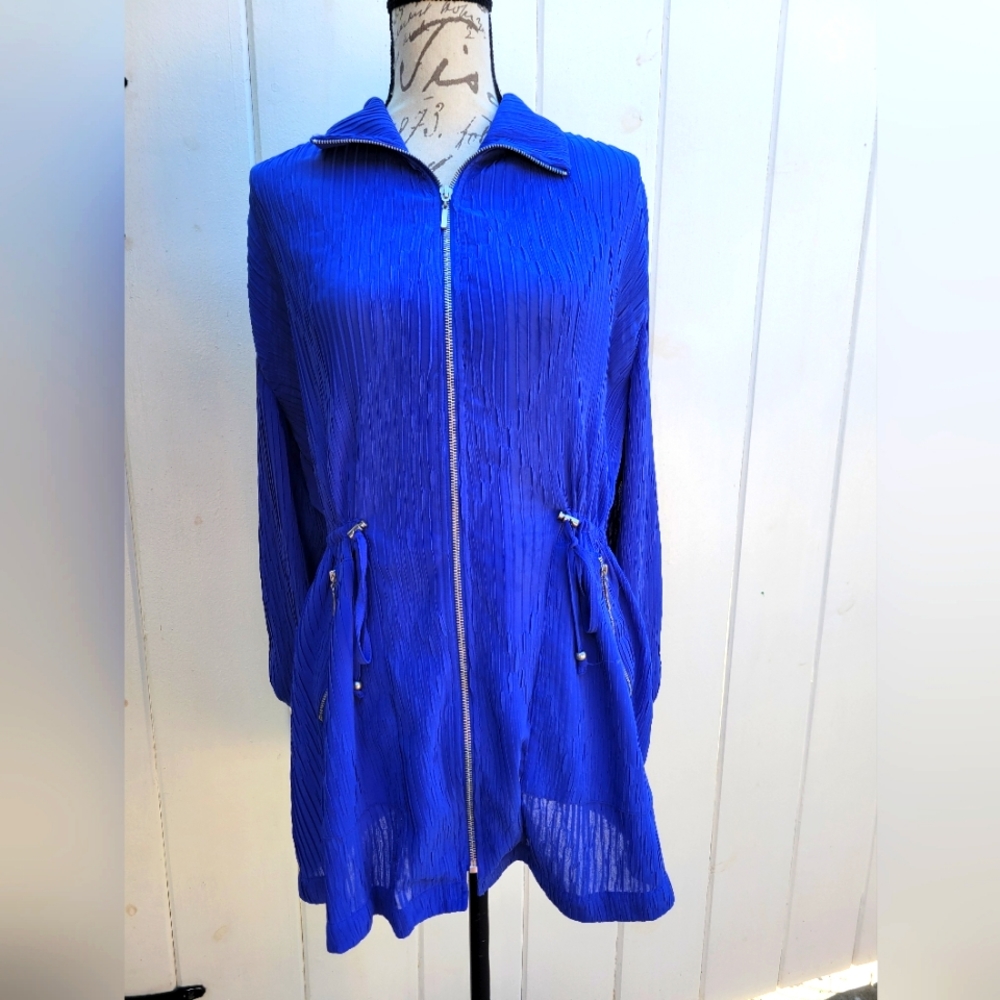 Chico's Travelers Royal Blue‎ Zip Up Textured Long Jacket with Drawstring Size L
